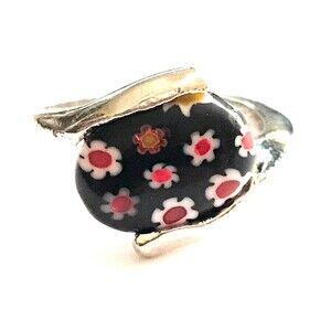 Murano Millefiori Art Glass Ring Size 6 Black White Red Flowers Silver Plated